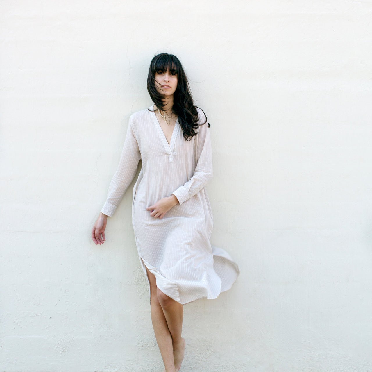 Khadi Tunic Dress - Tan + Cream Sheer Stripe