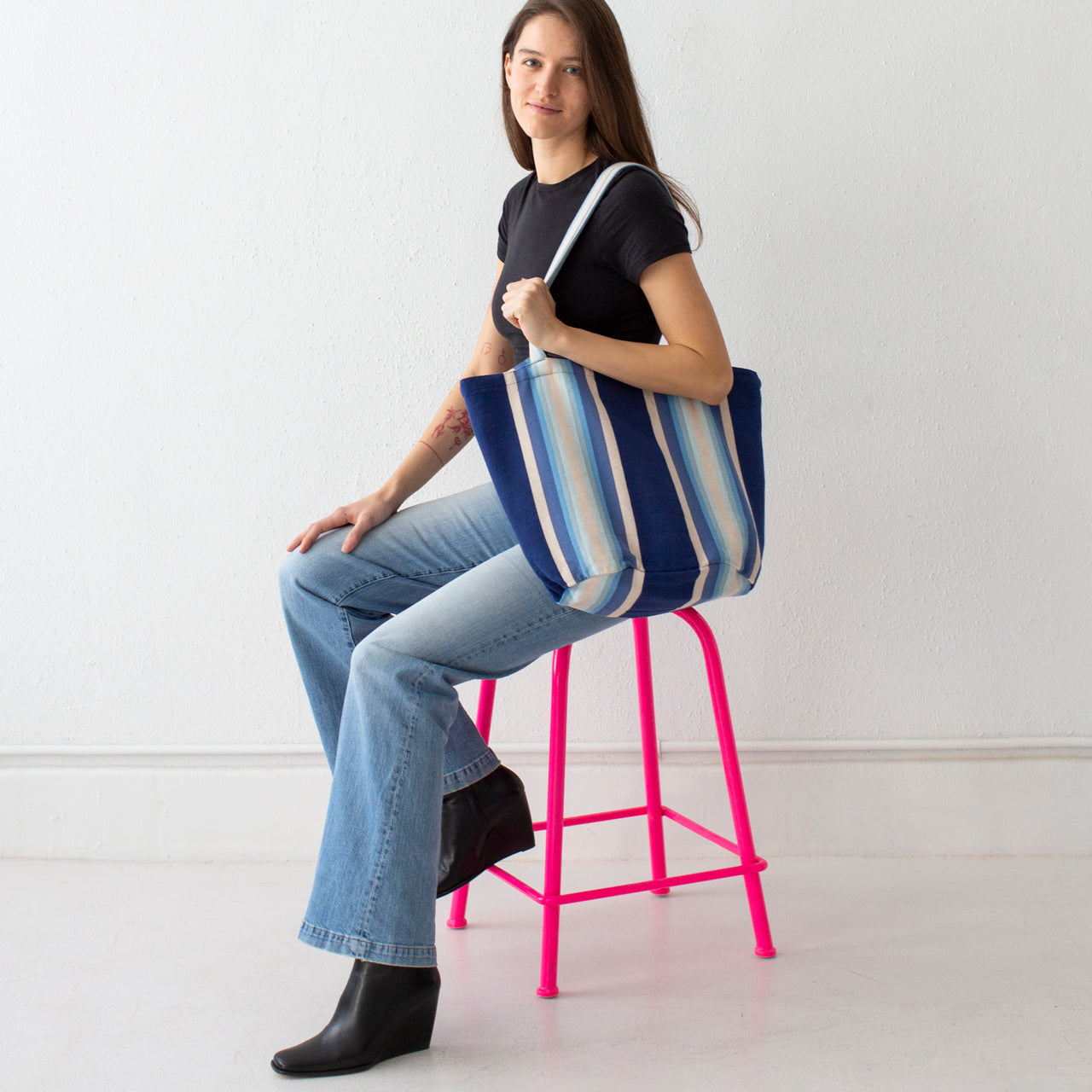 Garza Marfa Cotton Canvas Tote: Indigo Ombre Stripe