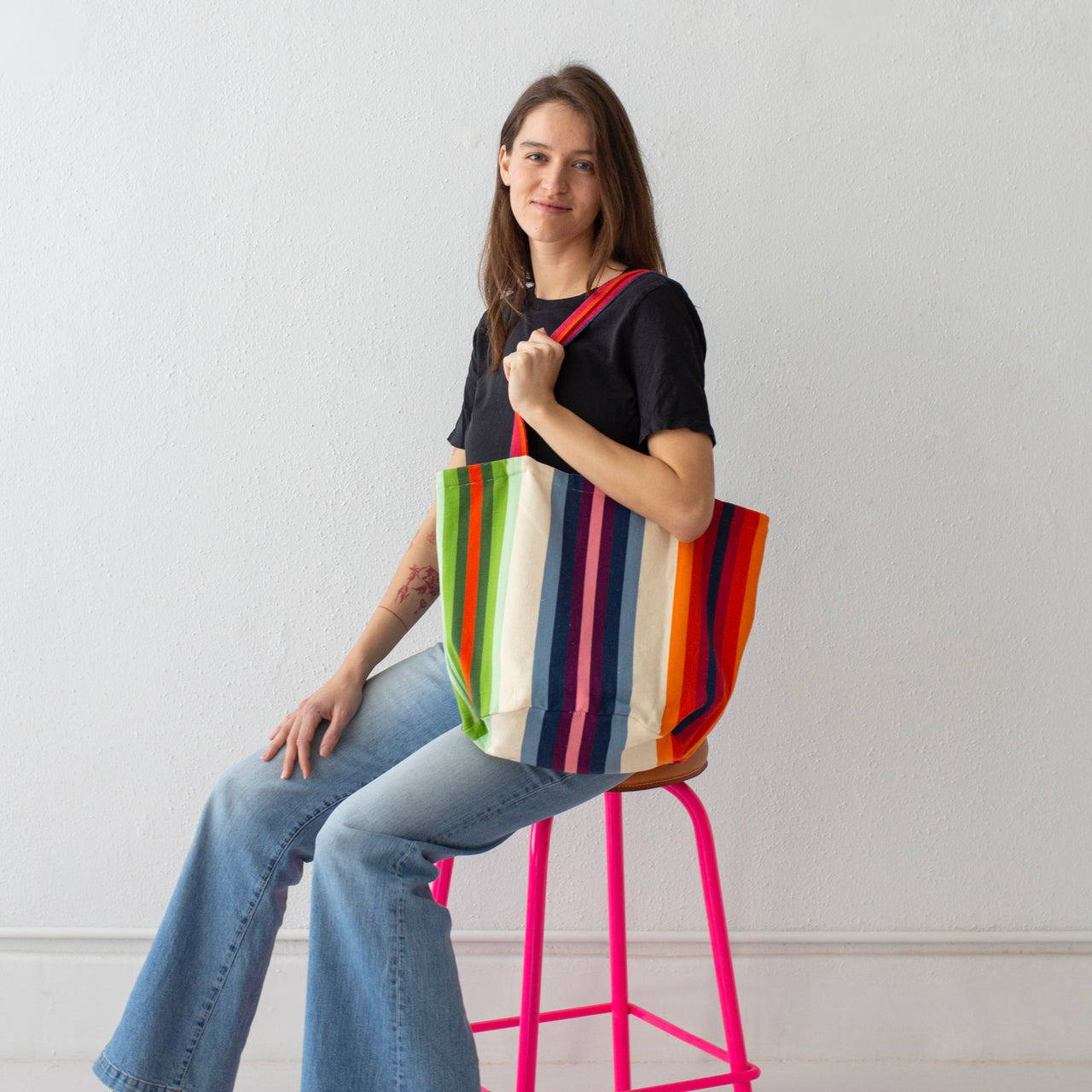 Garza Marfa Cotton Canvas Tote: Rainbow Stripe - Green. Blue. Orange.
