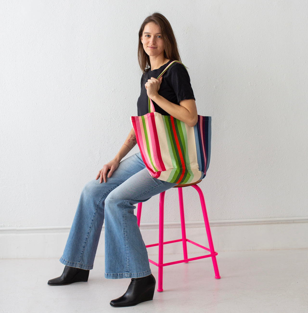 Garza Marfa Cotton Canvas Tote: Rainbow Stripe - Pink. Green. Blue.