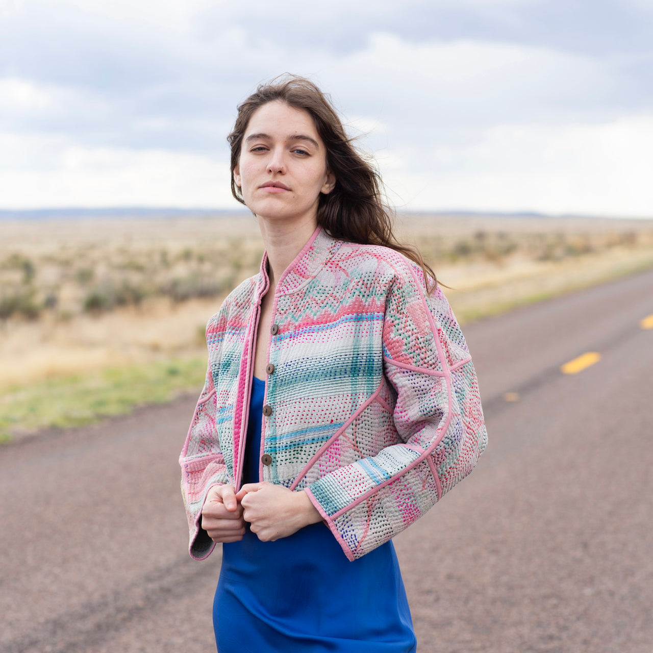 Namai Kaira Cropped Quilted Patchwork Kantha Jacket: Pink, Teal