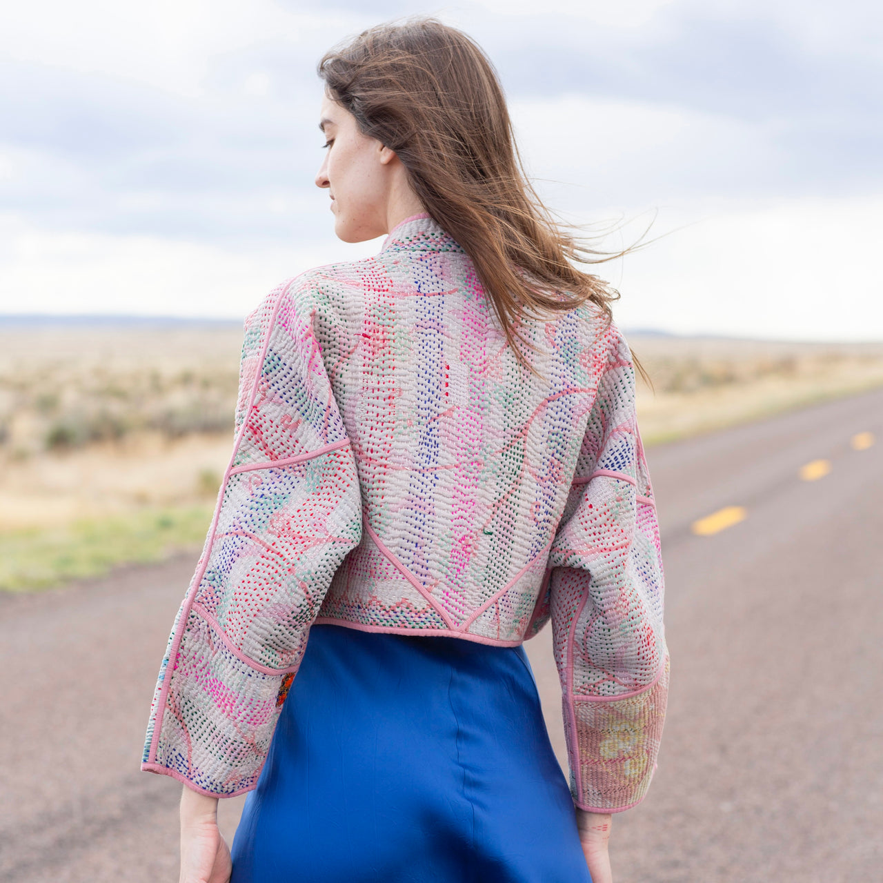 Namai Kaira Cropped Quilted Patchwork Kantha Jacket: Pink, Teal