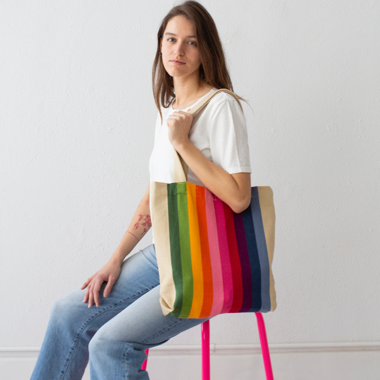 Garza Marfa Cotton Canvas Tote: Pink Spectrum Stripe