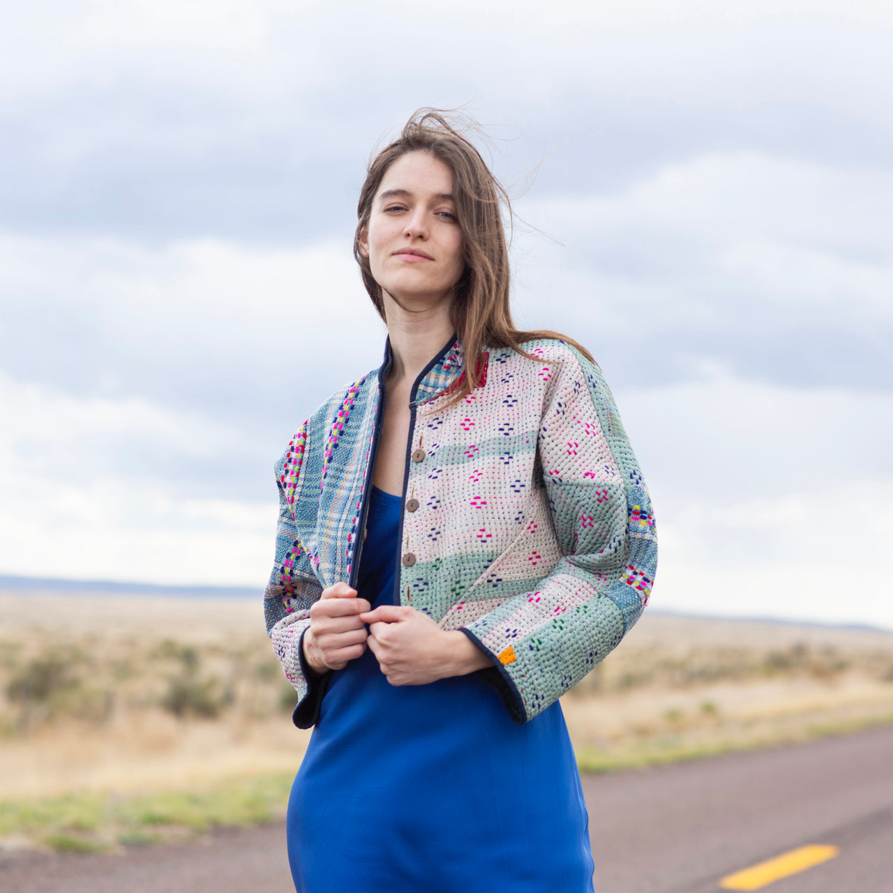 Namai Kaira Cropped Quilted Patchwork Kantha Jacket: Forest, Teal, Pink