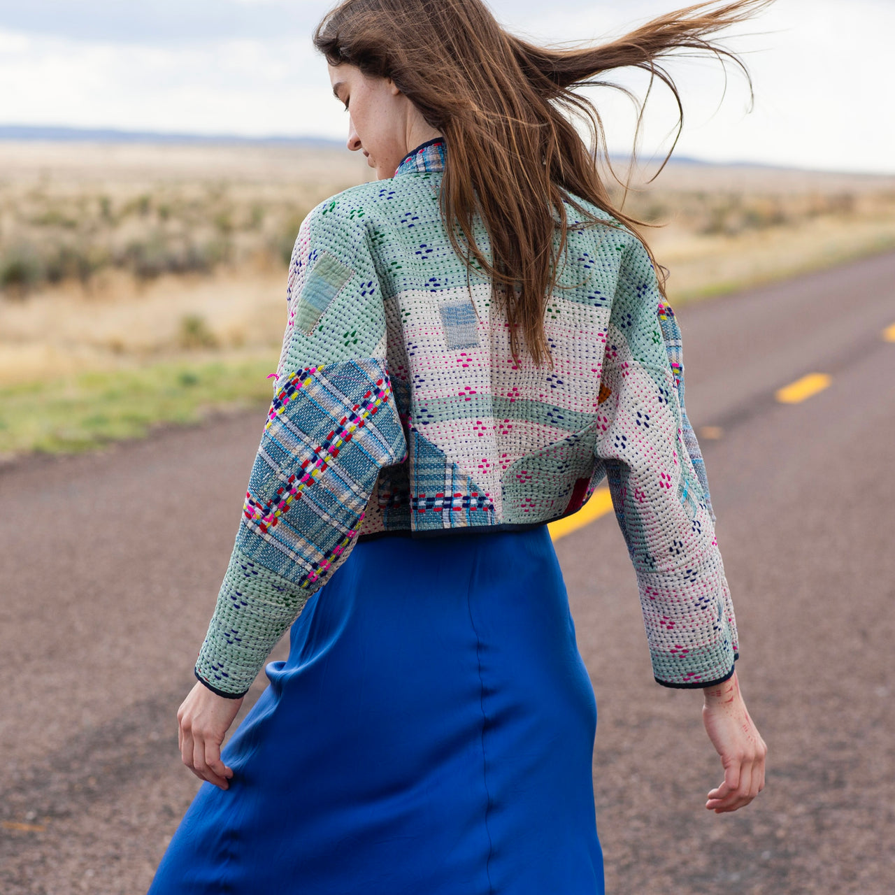 Namai Kaira Cropped Quilted Patchwork Kantha Jacket: Forest, Teal, Pink
