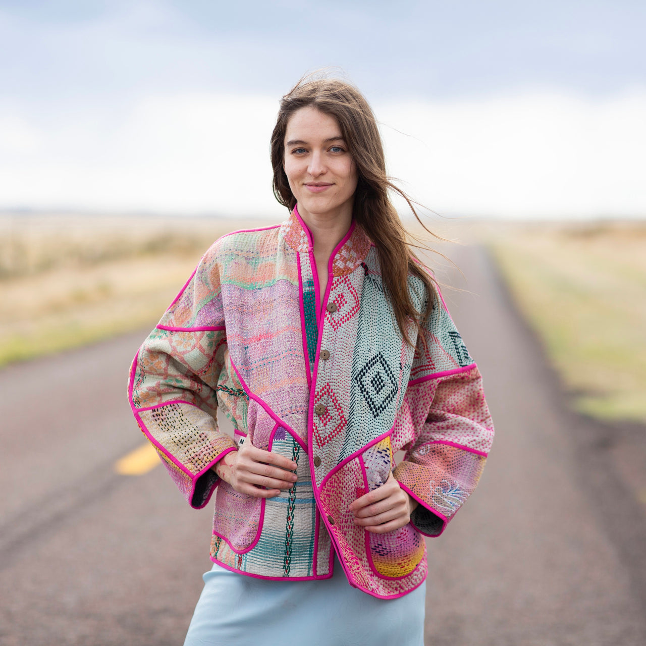 Namai Ladhiya Quilted Mix Match Kantha Jacket: Pink, Sky, Teal Diamond