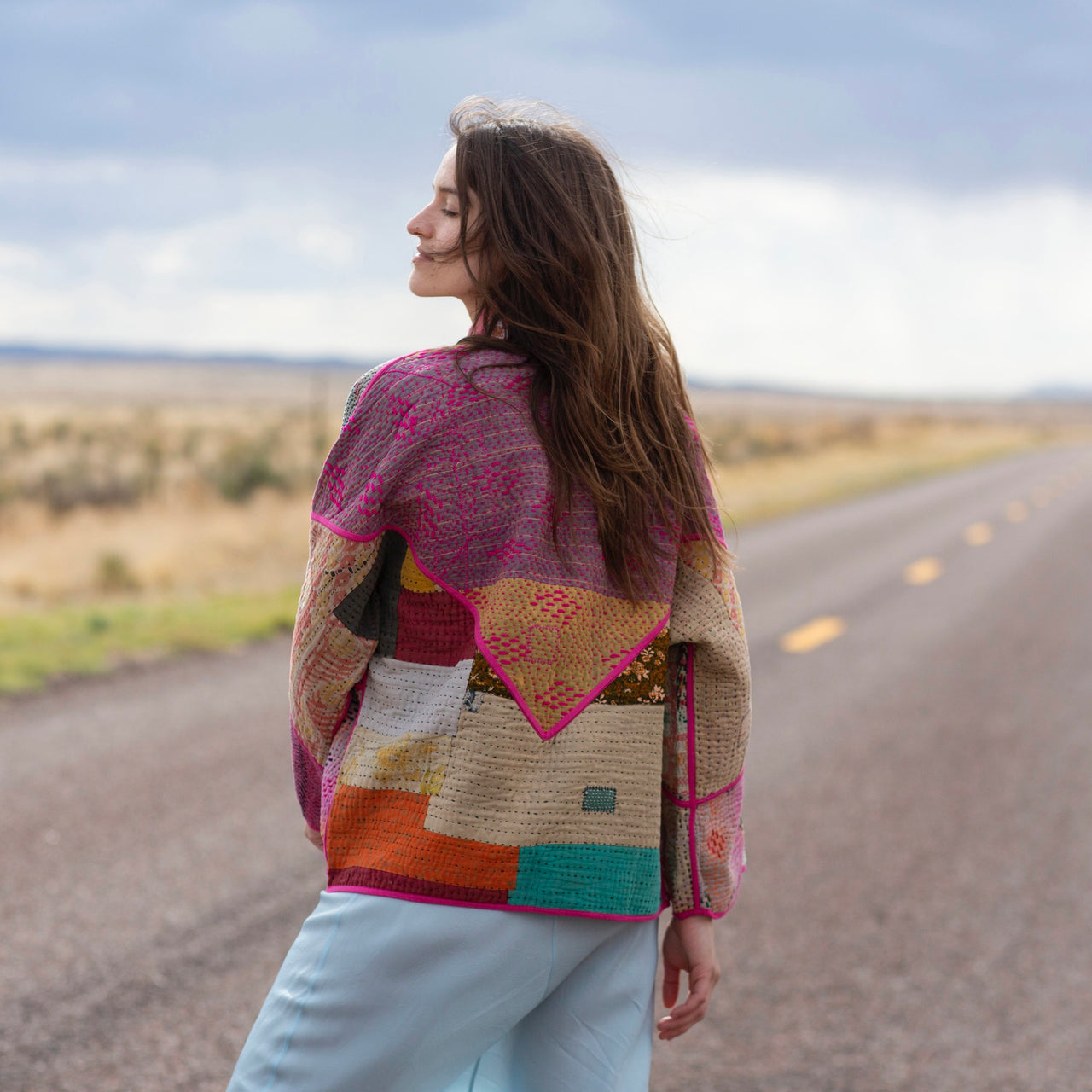 Namai Ladhiya Quilted Mix Match Kantha Jacket: Pink, Sky, Teal Diamond