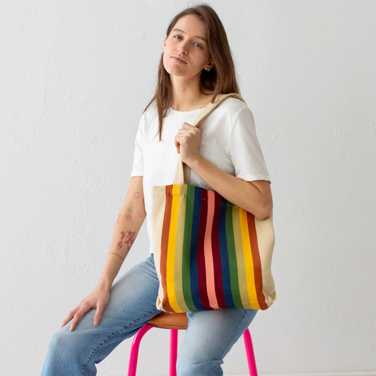 Garza Marfa Cotton Canvas Tote: Earth Spectrum Stripe