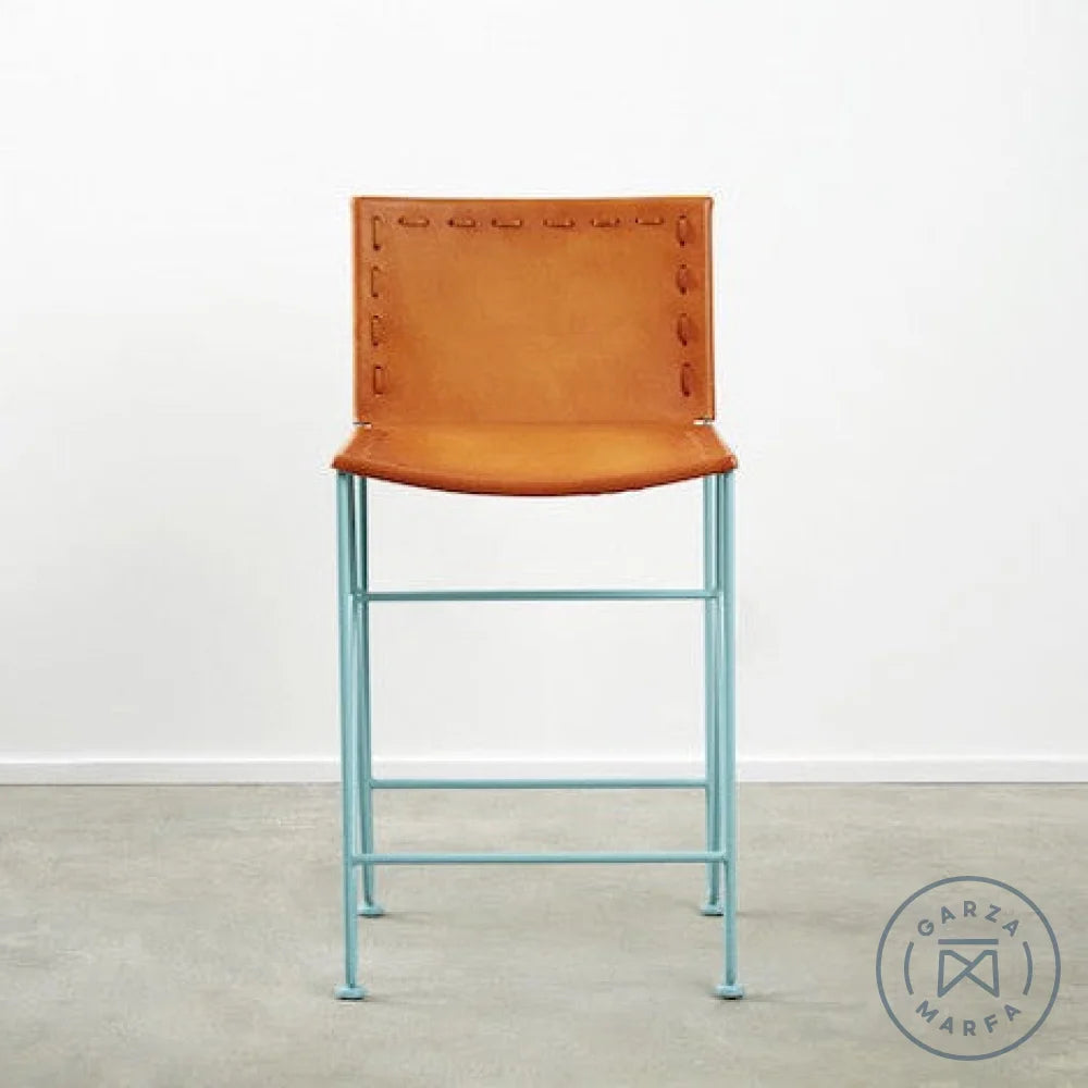 Saddle Leather Barstool Counter Height Natural / Aqua (RAL 6034) Chairs