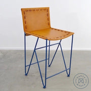 Saddle Leather Barstool Counter Height Natural / Blue (RAL 5001) Chairs