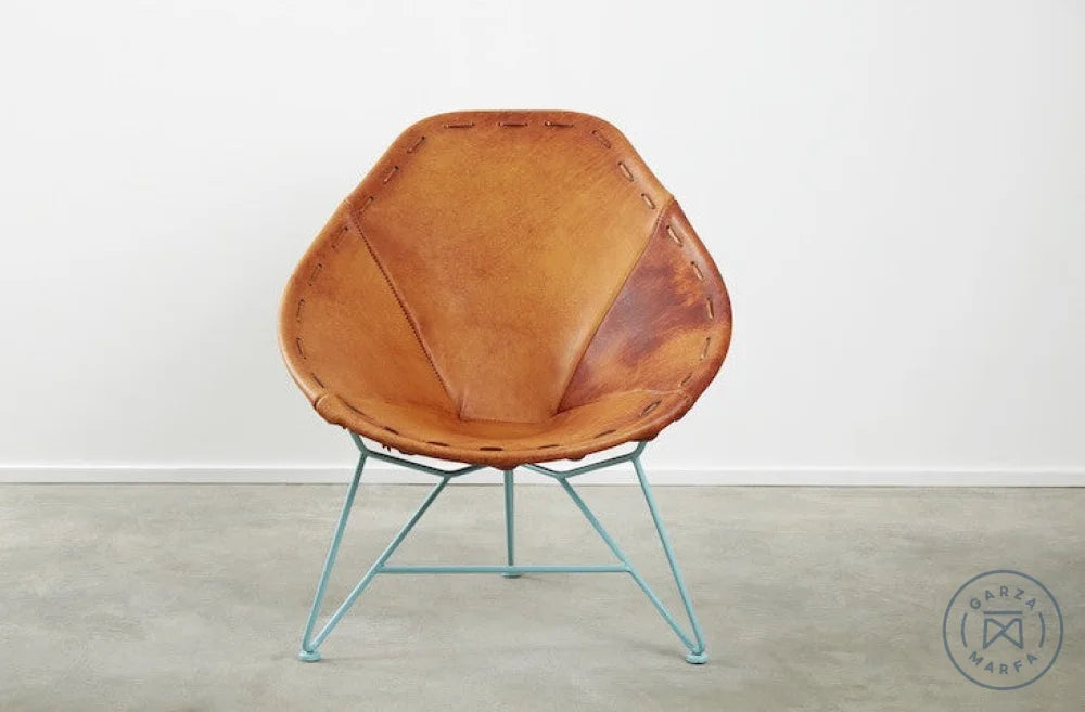 Saddle Leather Oval Chair in Blue with Natural Steel Base - Thumbnail 3