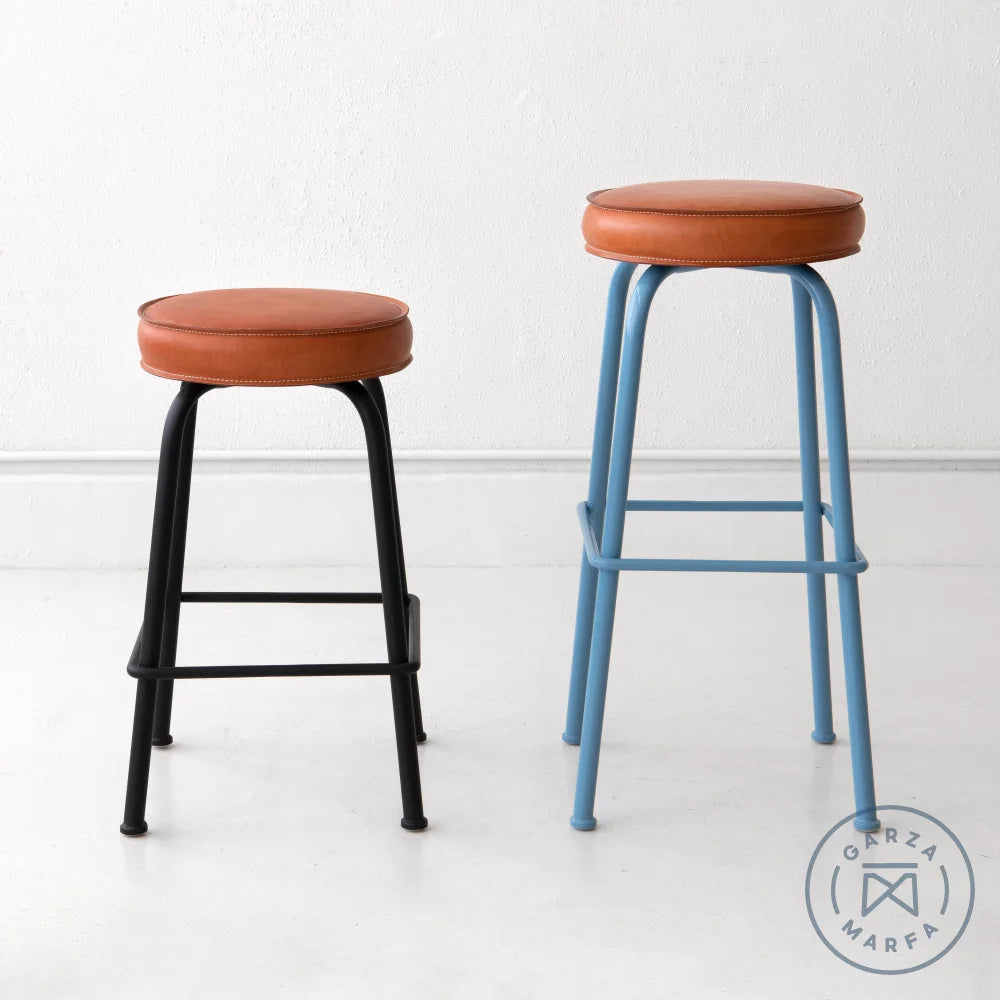 Upholstered Saddle Leather Round Top Barstool - Counter Height Chairs