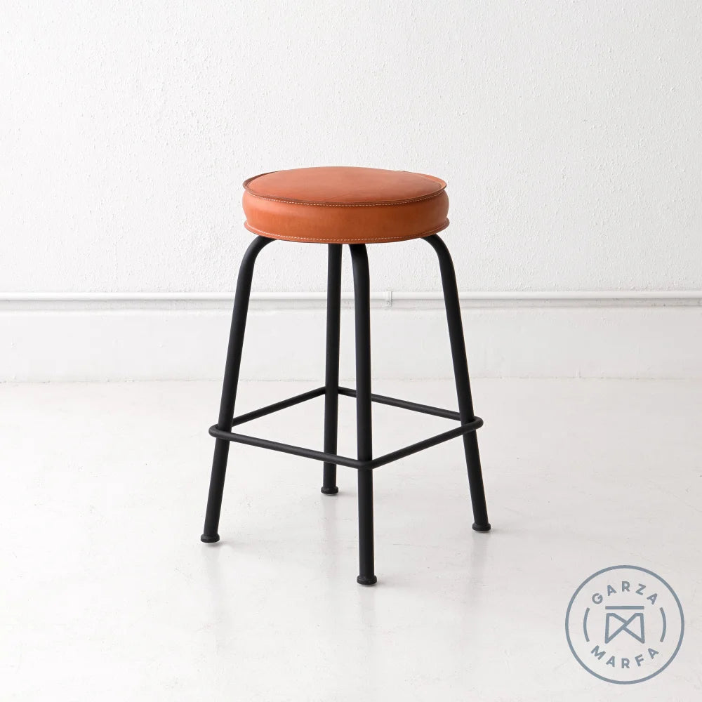 Upholstered Saddle Leather Round Top Barstool - Counter Height Natural / Satin Black Chairs