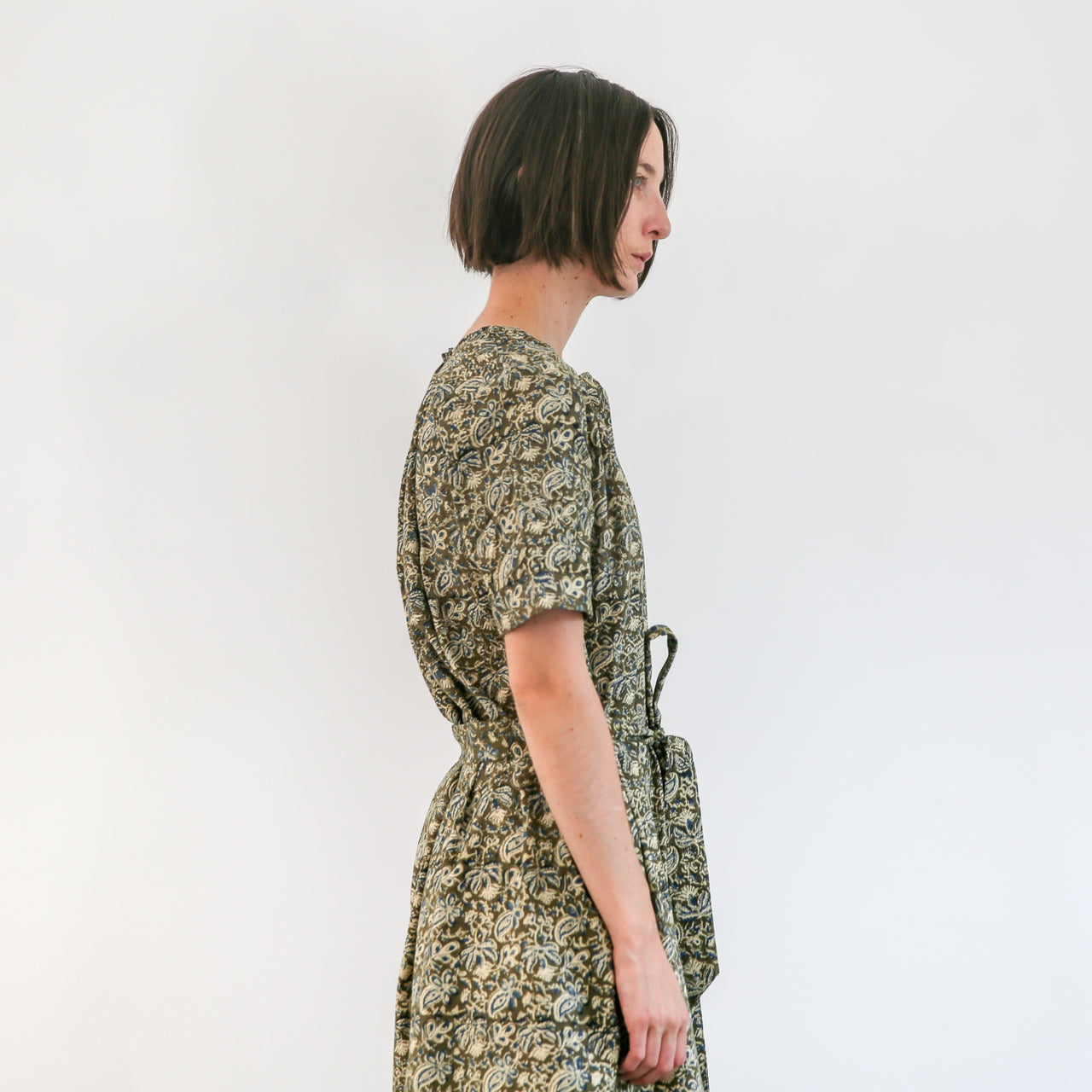 Kalamkari Long Belted Dress - Blue and Green Floral