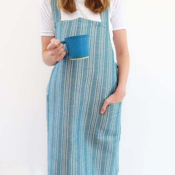 Linen / Cotton Small Ticking Crossback Apron Teal
