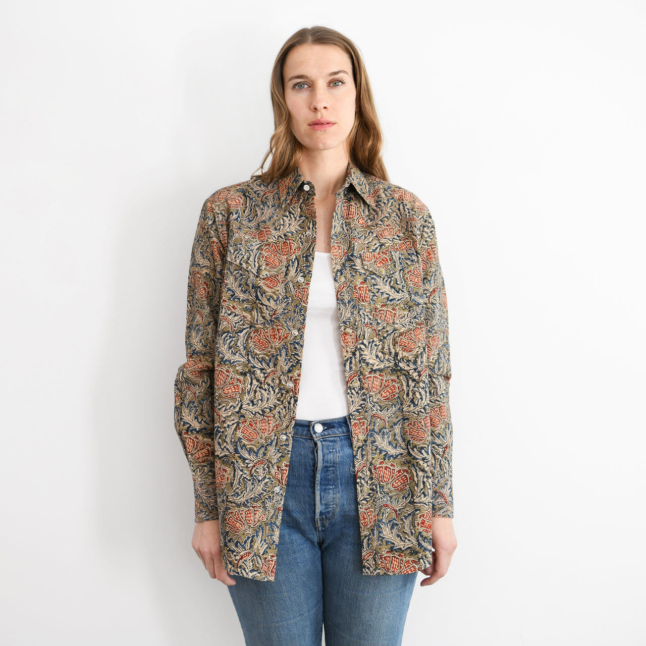 Garza Marfa Kalamkari Western Shirt : Olive Floral