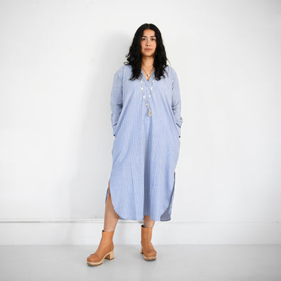 Khadi Tunic Dress - Blue + White Stripe