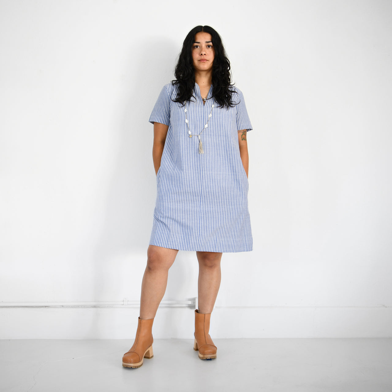 Gathered Neck Khadi Dress - Blue + White Stripe