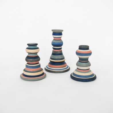 MH Ceramics Lolli Candlestick - Indigo + Peach Stripes
