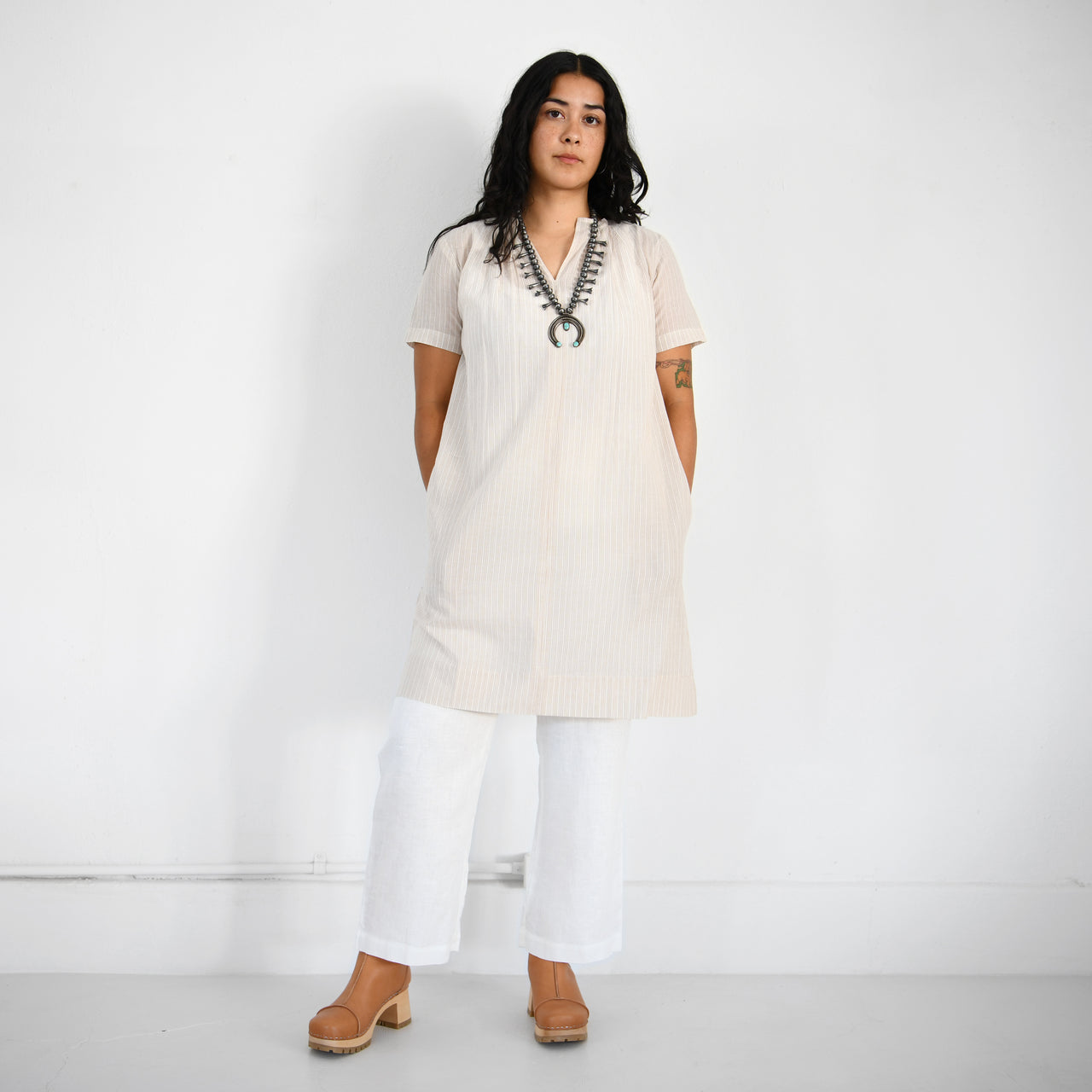Gathered Neck Khadi Dress - Tan Cream Stripe