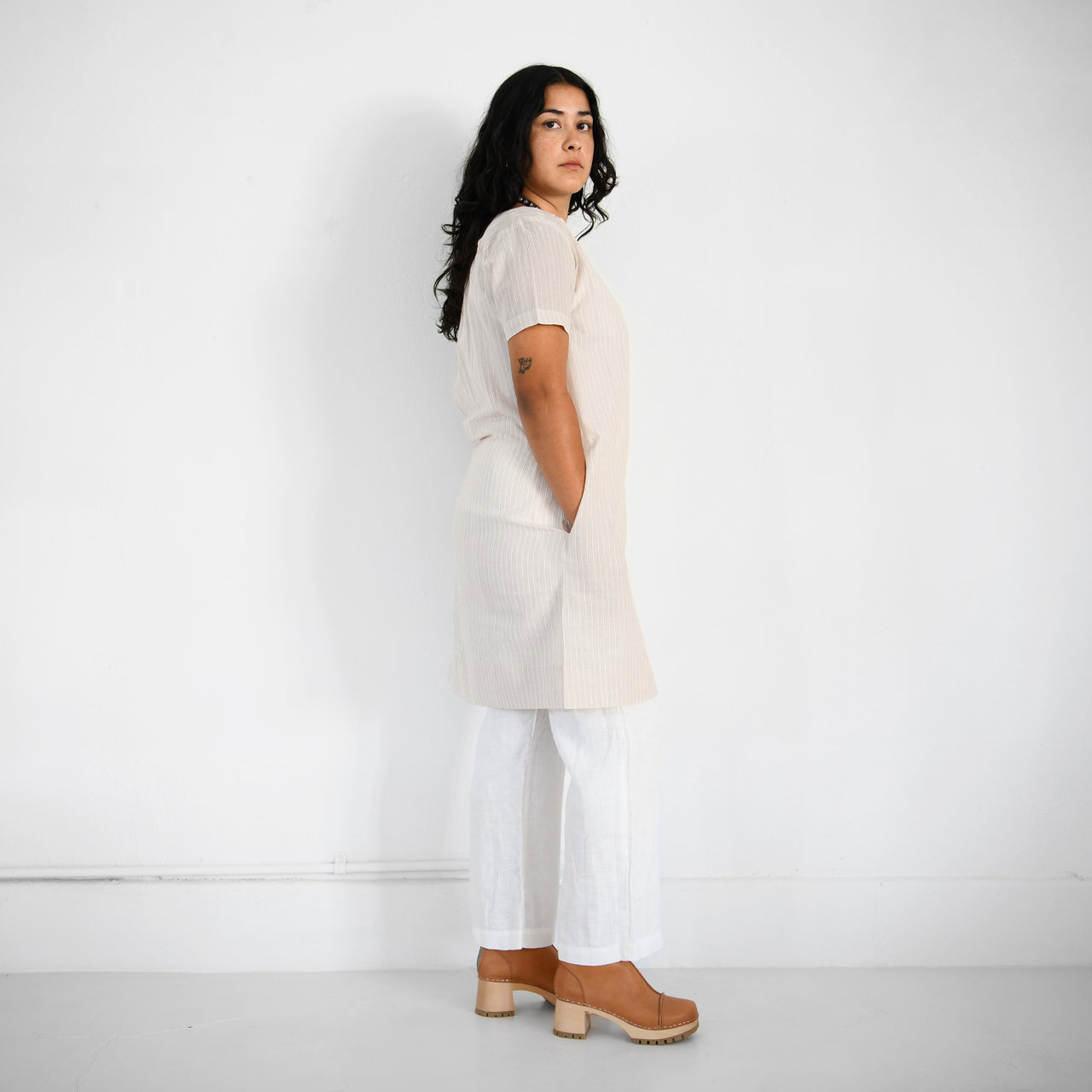 Gathered Neck Khadi Dress - Tan Cream Stripe