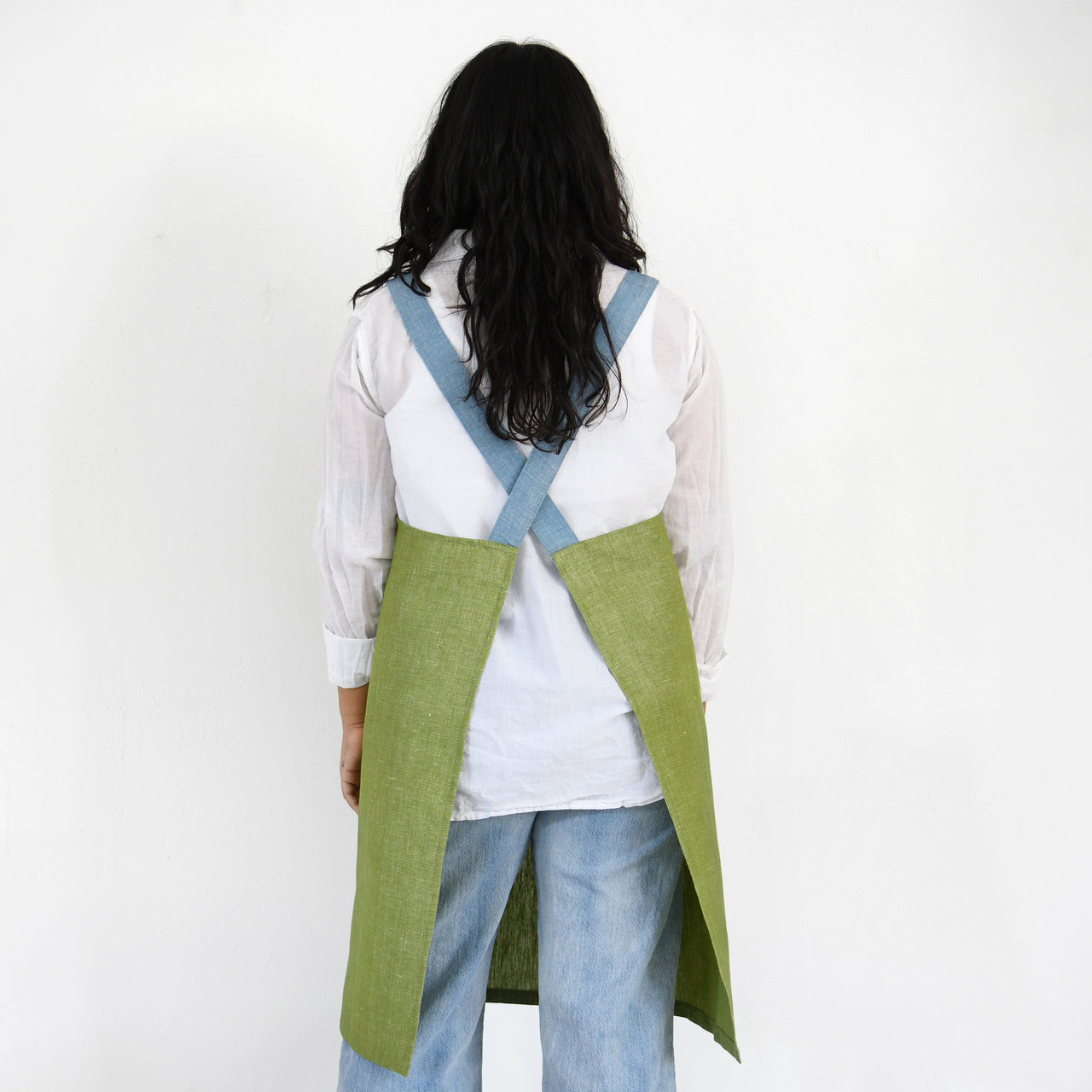 Garza Marfa Linen / Cotton Crossback Apron - Avocado + Denim