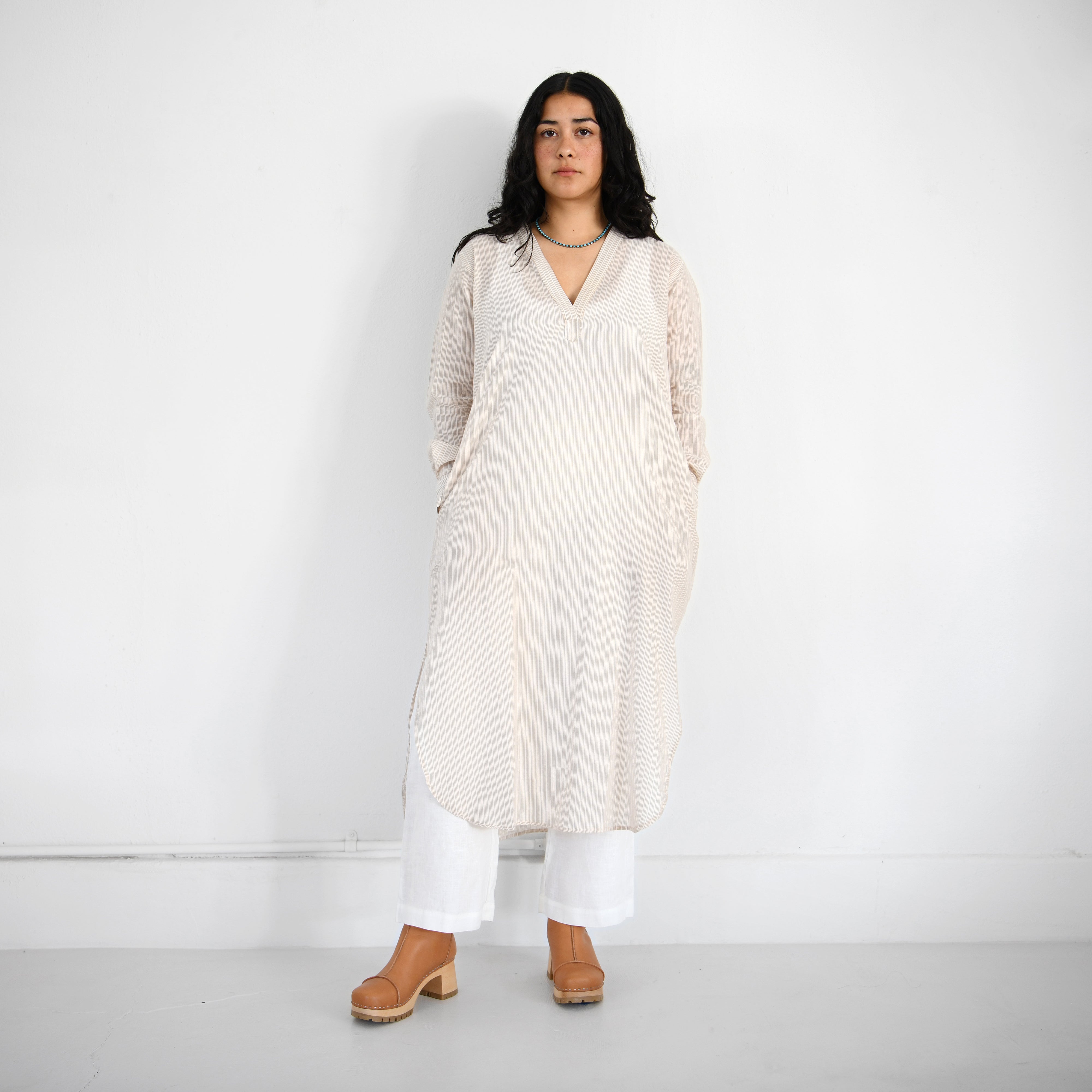 Khadi Tunic Dress - Tan + Cream Sheer Stripe – Garza Marfa