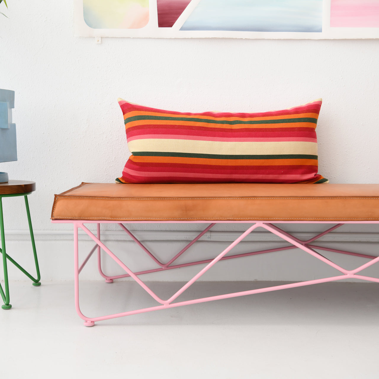 Garza Marfa Cotton  Pillow - 18" x 36" Bolster: Olive + Rosa Horizontal Stripe