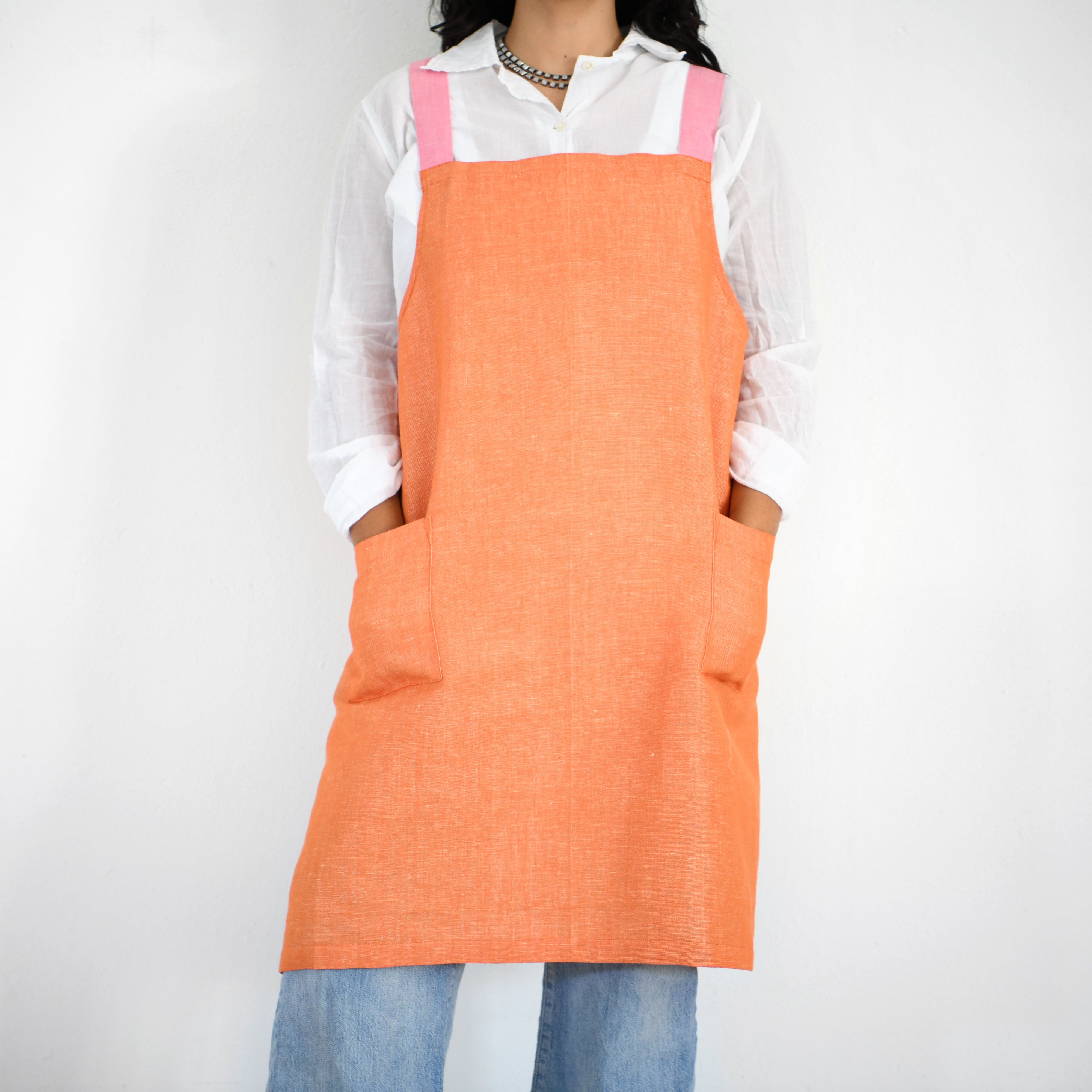 Garza Marfa Linen / Cotton Crossback Apron - Orange + Rosa