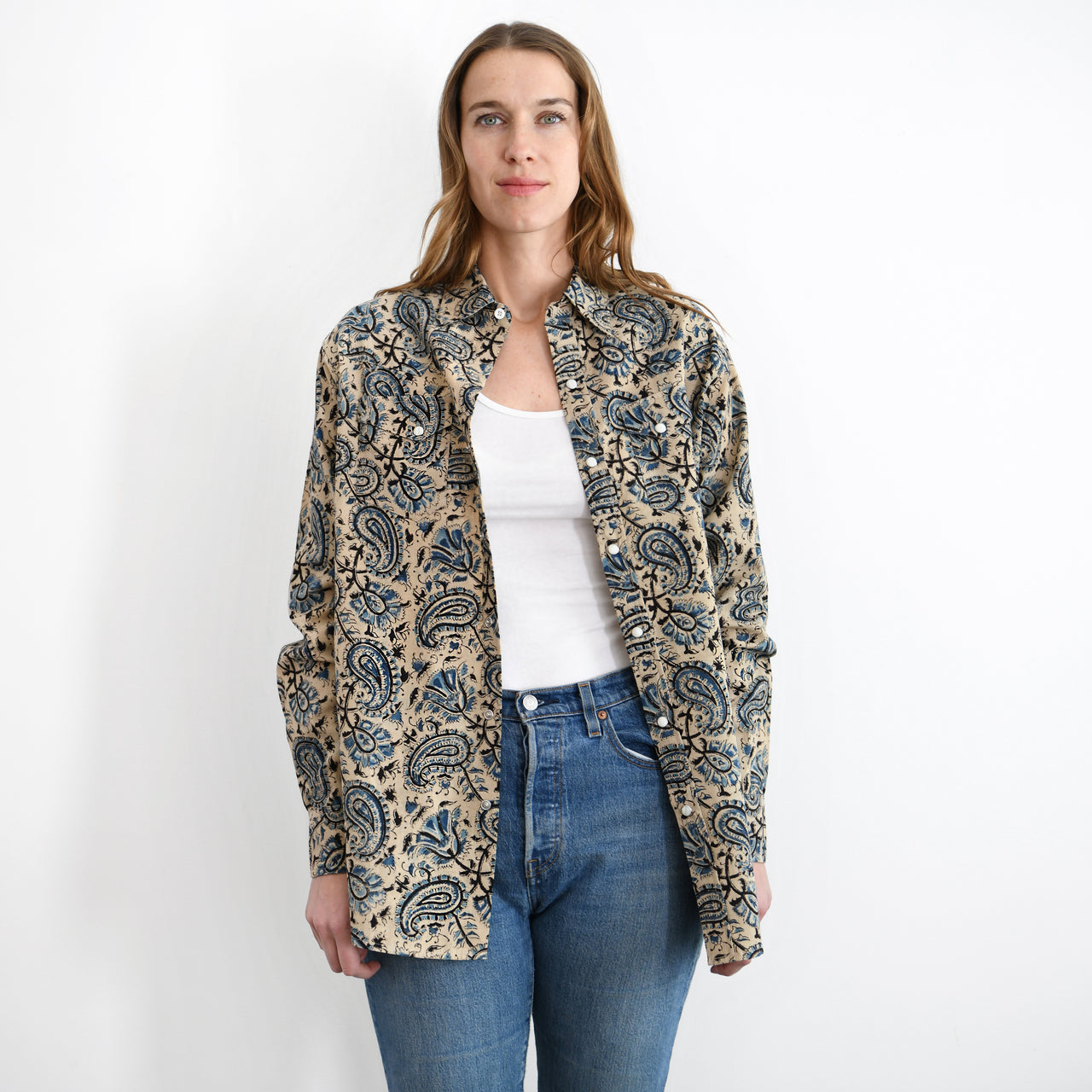 Garza Marfa Kalamkari Western Shirt : Blue Paisley