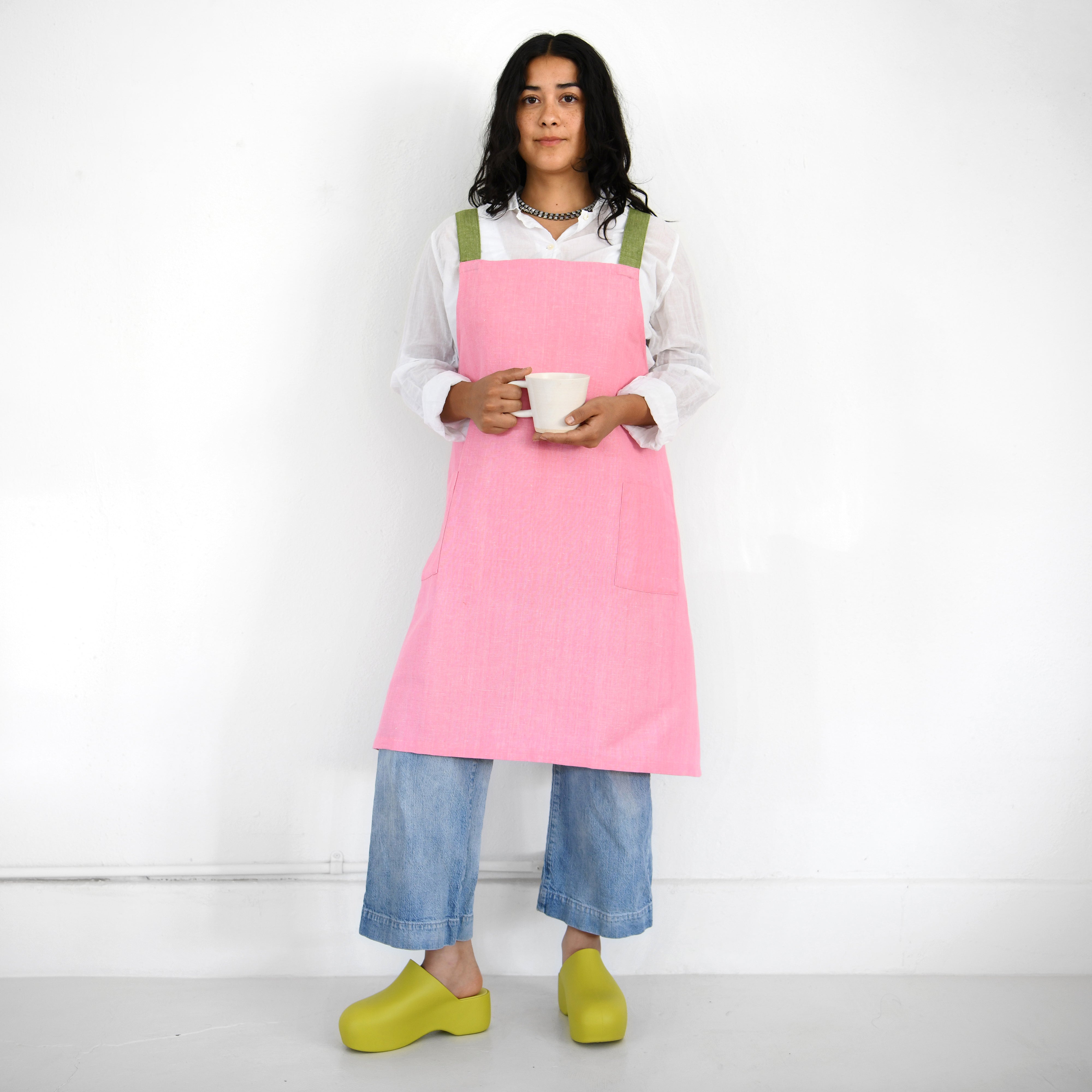 Garza Marfa Linen / Cotton Crossback Apron - Rosa + Avocado