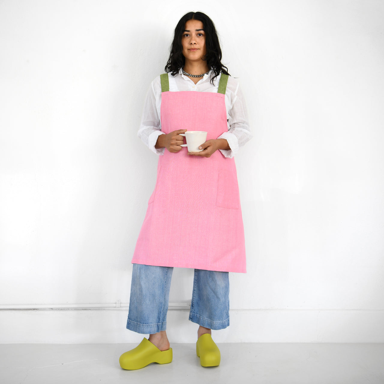 Garza Marfa Linen / Cotton Crossback Apron - Rosa + Avocado