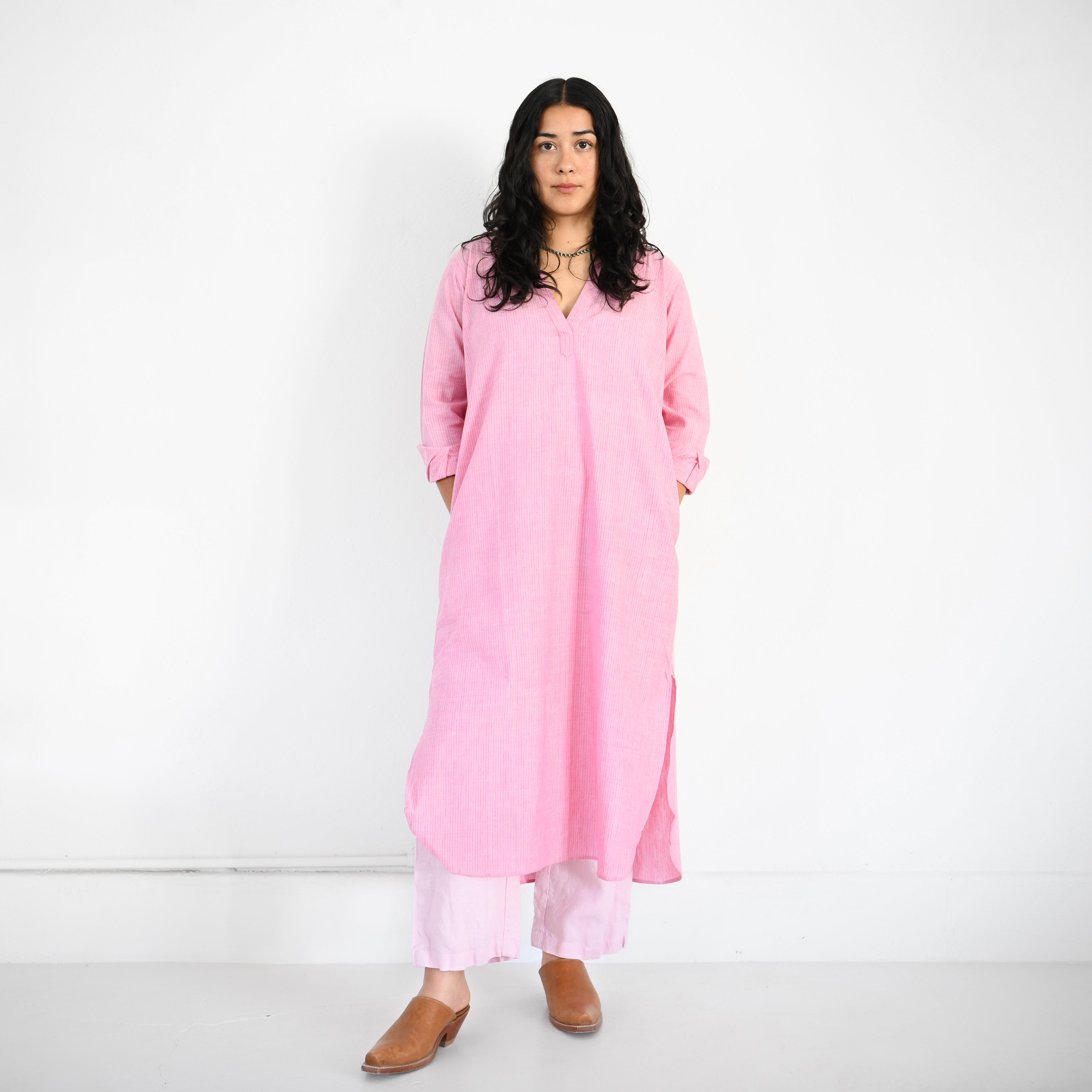 Khadi Tunic Dress - Rose + Orange Sheer Pin Stripe