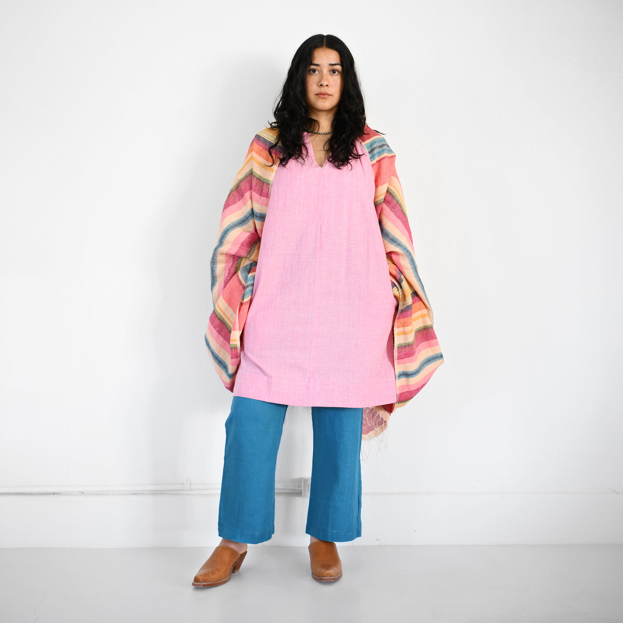 Gathered Neck Khadi Dress - Rose + Orange Pin Stripe