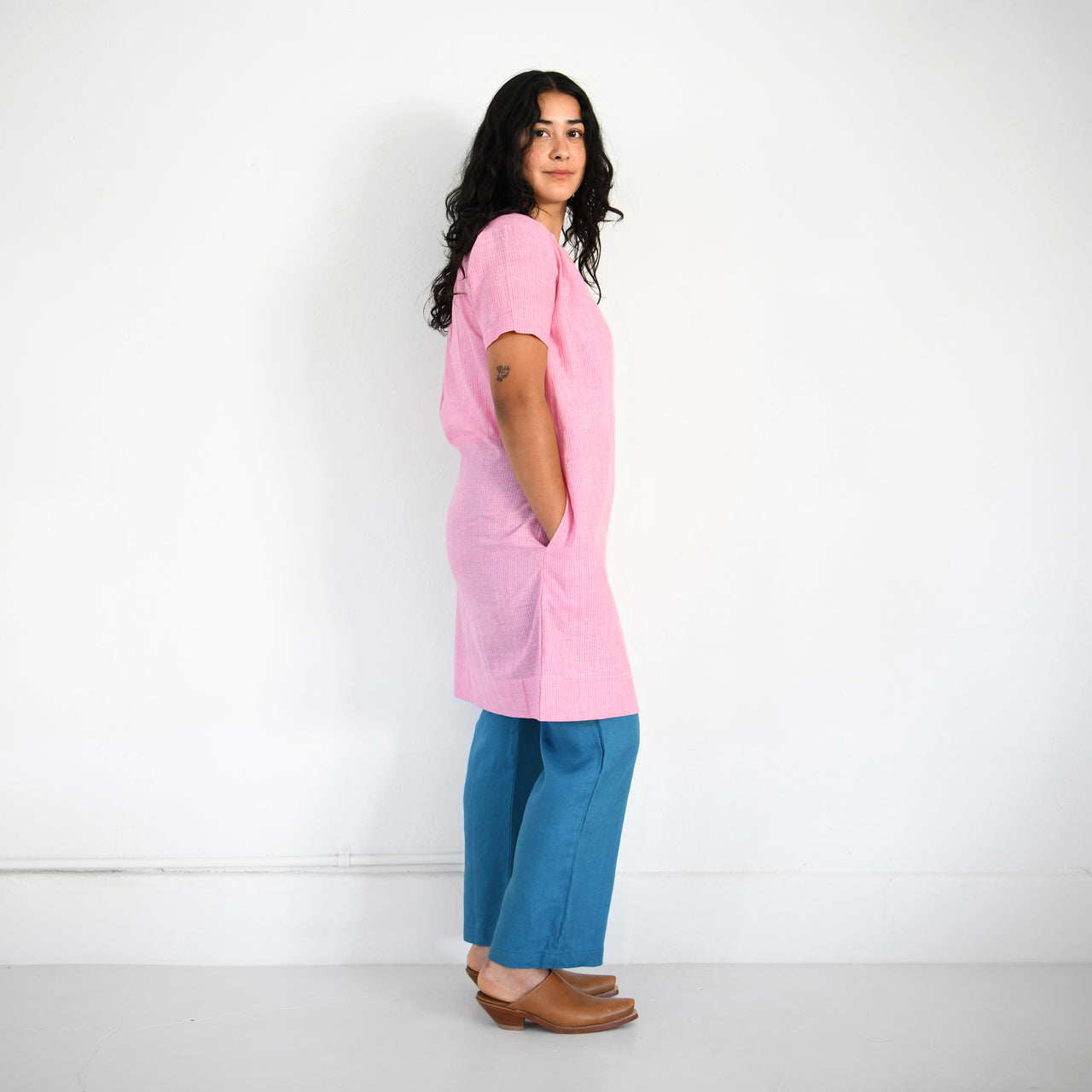 Gathered Neck Khadi Dress - Rose + Orange Pin Stripe